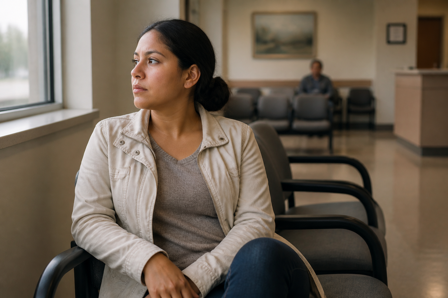 Pensive, calm woman — not sad, not crying